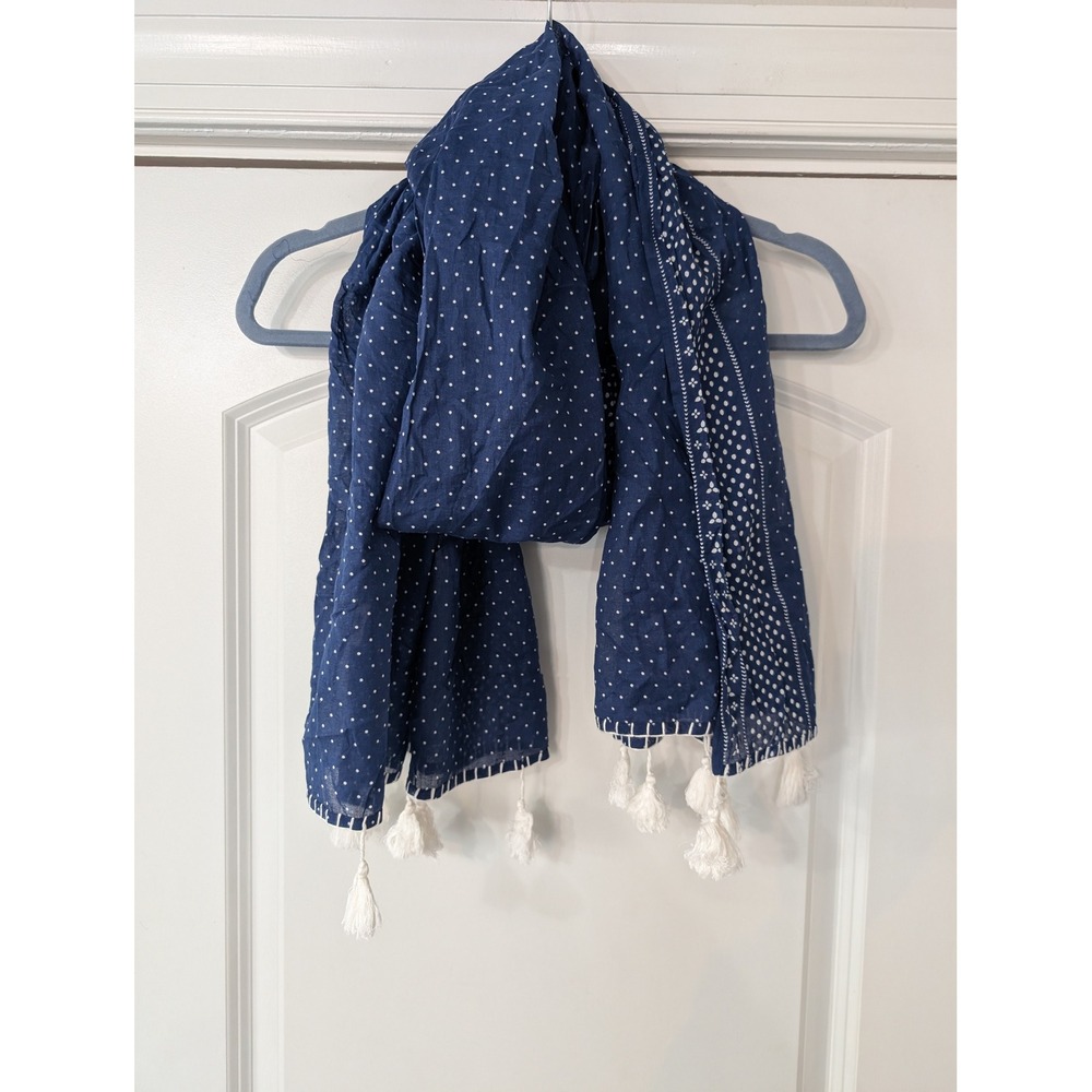 FEED Projects Navy Blue Polka Dot Tassel Scarf Lightweight Boho‎ Wrap